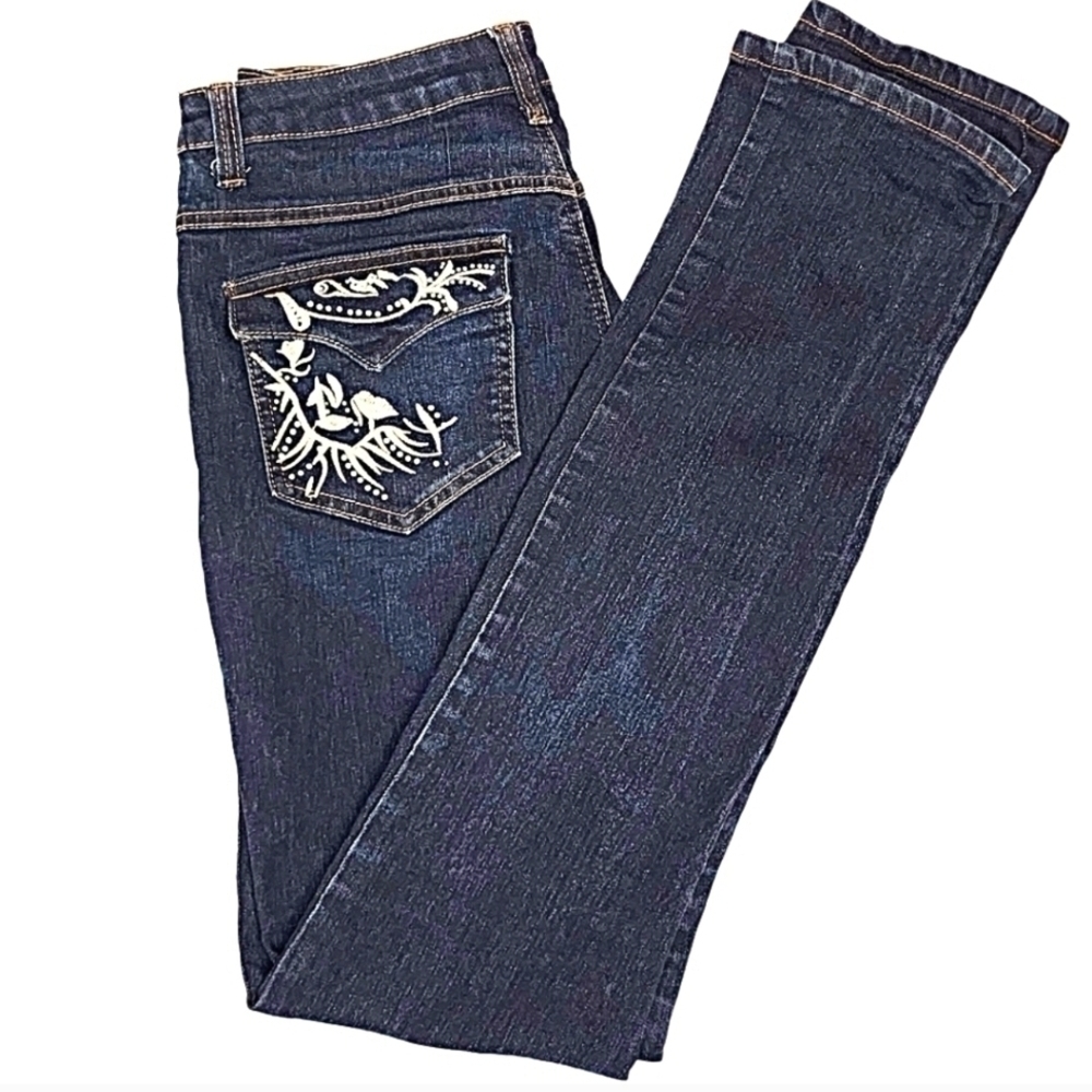 GOVANNI Navy Straight Leg Jeans with Ivory Detailing